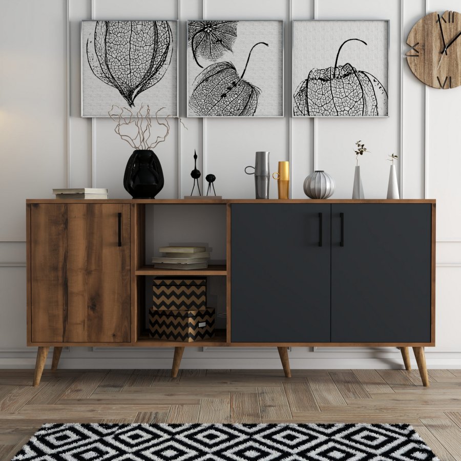 FUNZI LIVING Exxen Sideboard mit 3 Türen und 3 Regalen - walnussfarbenes und anthrazitgraues Melamin und Holz