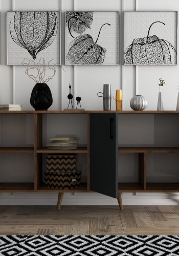 FUNZI LIVING Exxen Sideboard mit 3 Türen und 3 Regalen - walnussfarbenes und anthrazitgraues Melamin und Holz