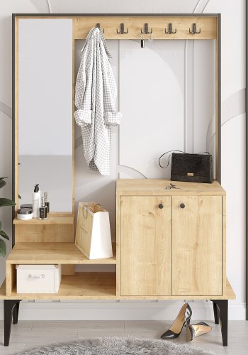 NORDVÄRK Andy entrést, m. 5 knager, spejl, 2 lger, hylder - natur melamin