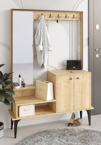 NORDVÄRK Andy entrést, m. 5 knager, spejl, 2 lger, hylder - natur melamin