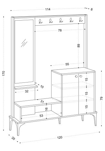 NORDVÄRK Andy entrést, m. 5 knager, spejl, 2 lger, hylder - natur melamin