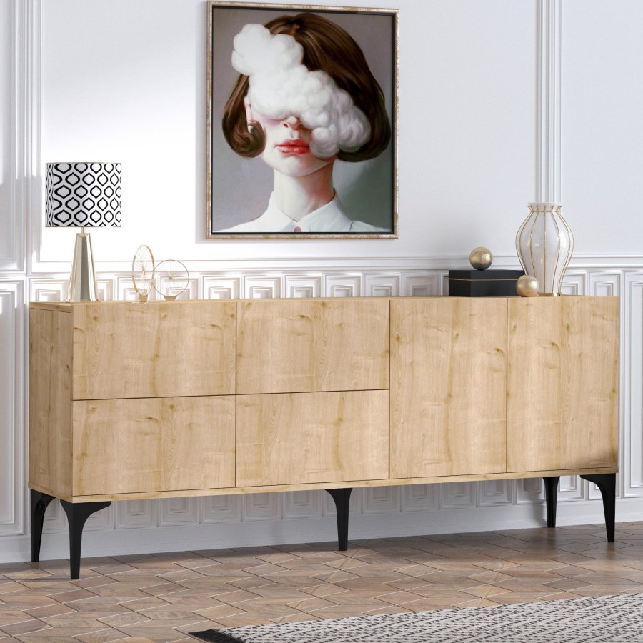 FUNZI LIVING Laika Sideboard, mit 6 Türen und 2 Regalen - Saphir-Eichenfarbenes Melamin