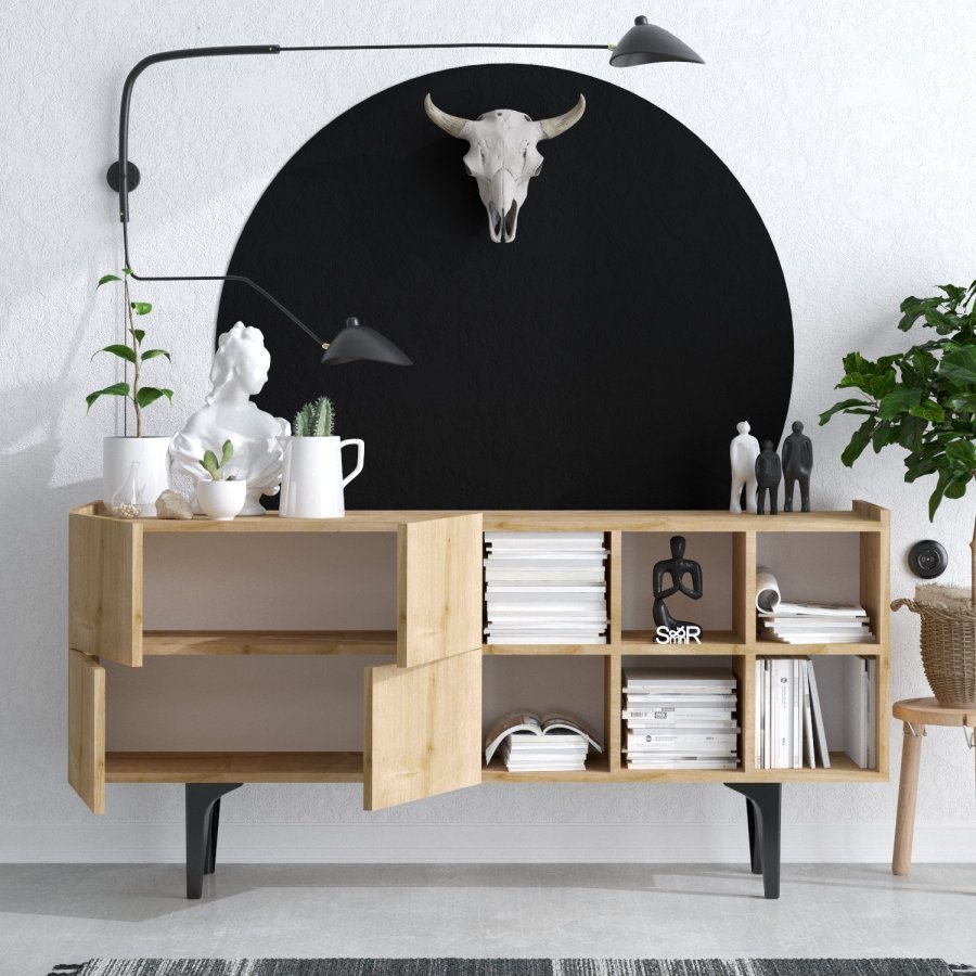 FUNZI LIVING Sirius Sideboard, mit 4 Türen und 2 Regalen - Melamin in Saphir-Eiche-Farbe