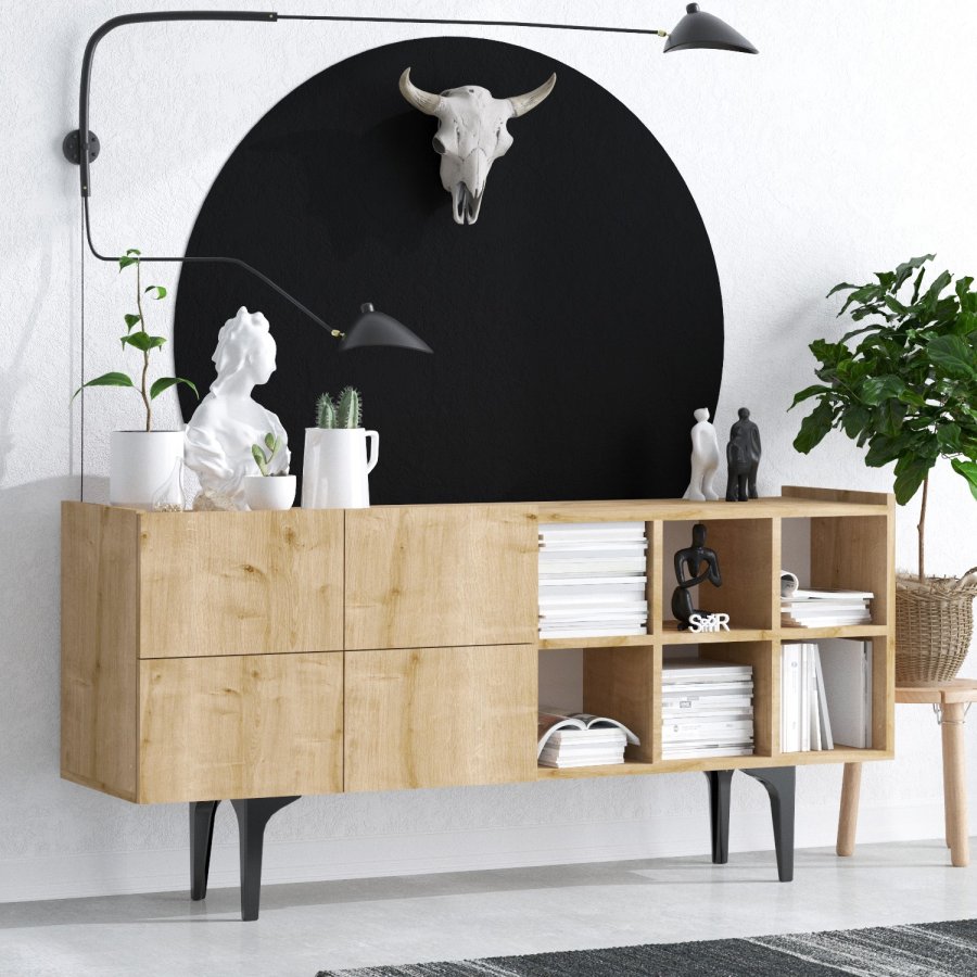 FUNZI LIVING Sirius Sideboard, mit 4 Türen und 2 Regalen - Melamin in Saphir-Eiche-Farbe