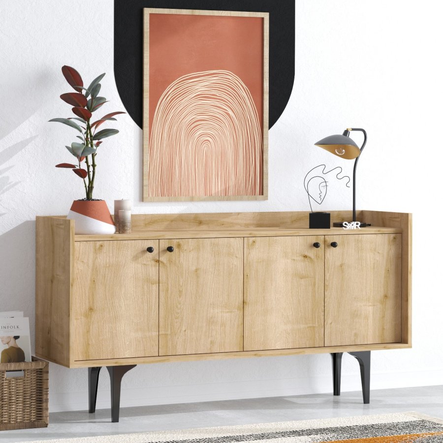 FUNZI LIVING Navi Sideboard, m. 4 Türen und 2 Regalen - Saphir-Eichenfarbenes Melamin