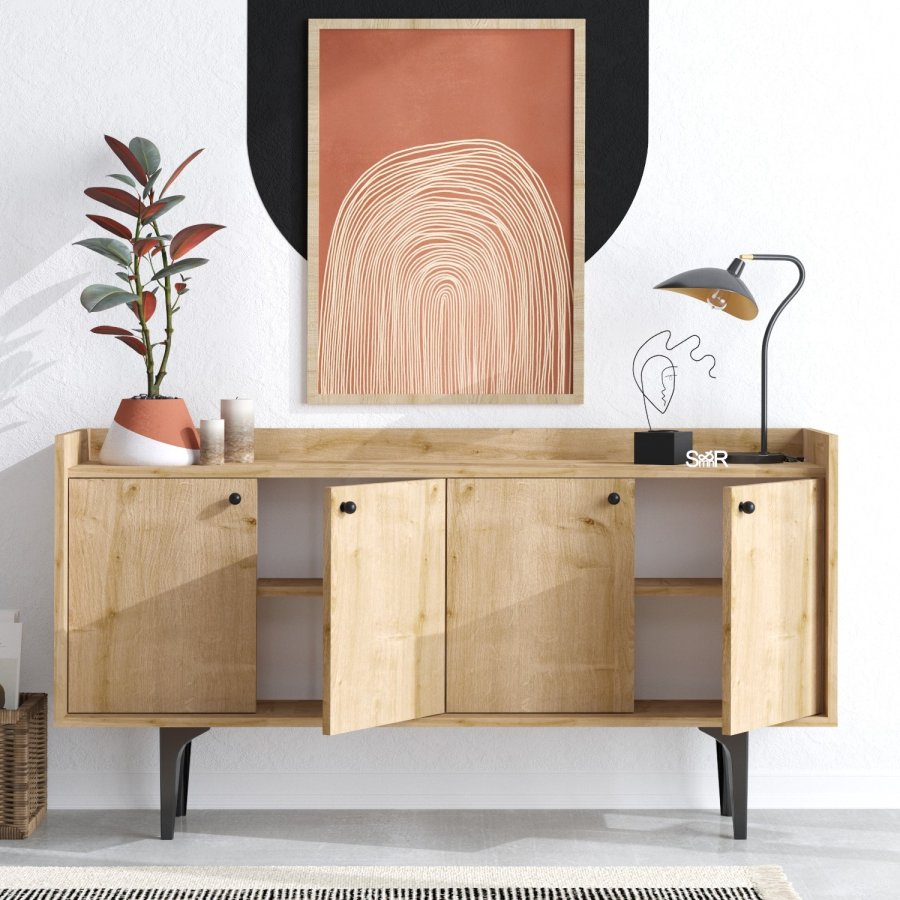 FUNZI LIVING Navi Sideboard, m. 4 Türen und 2 Regalen - Saphir-Eichenfarbenes Melamin