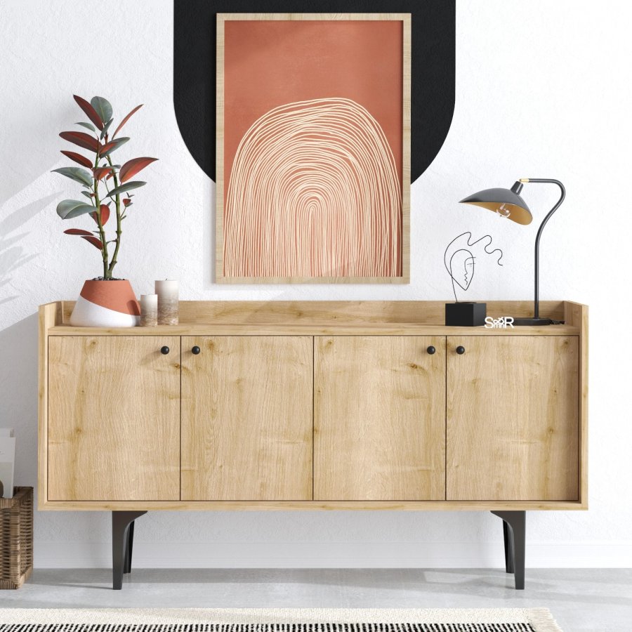FUNZI LIVING Navi Sideboard, m. 4 Türen und 2 Regalen - Saphir-Eichenfarbenes Melamin