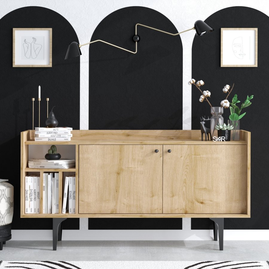FUNZI LIVING Canopus Sideboard, m. 2 Türen und 2 Regalen - Saphir-Eichenfarbenes Melamin