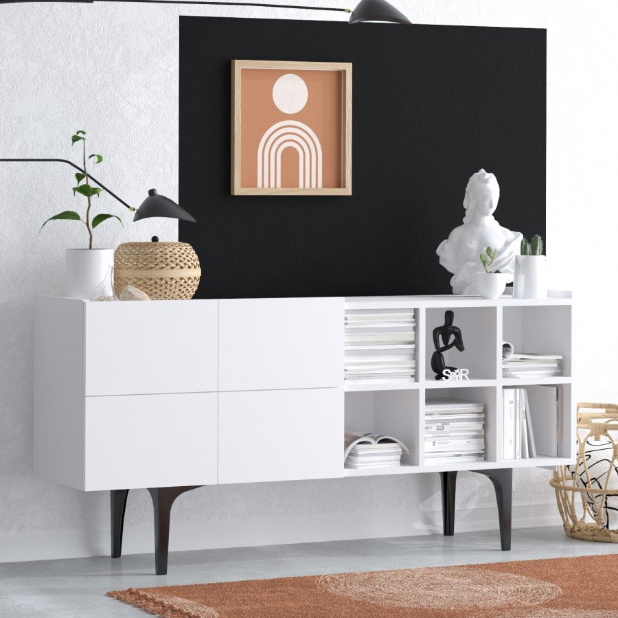 FUNZI LIVING Alpha Sideboard, m. 4 Türen, 1 Regal und 6 Fächer - weißes Melamin
