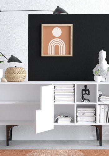 FUNZI LIVING Alpha Sideboard, m. 4 Türen, 1 Regal und 6 Fächer - weißes Melamin