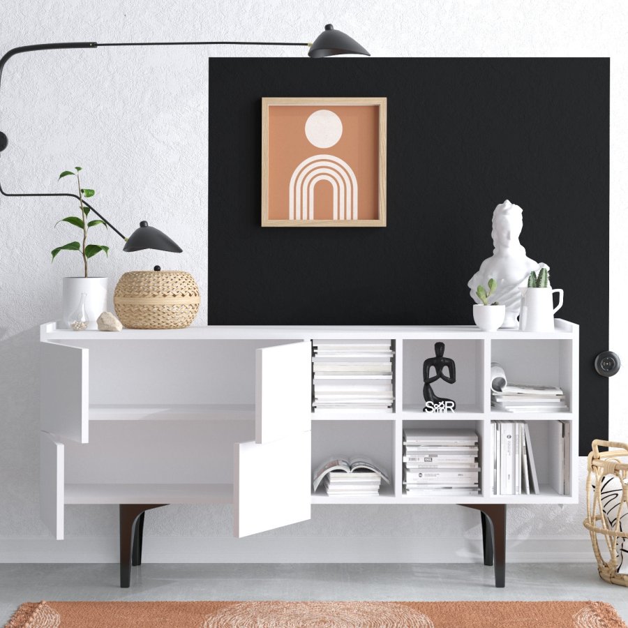 FUNZI LIVING Alpha Sideboard, m. 4 Türen, 1 Regal und 6 Fächer - weißes Melamin
