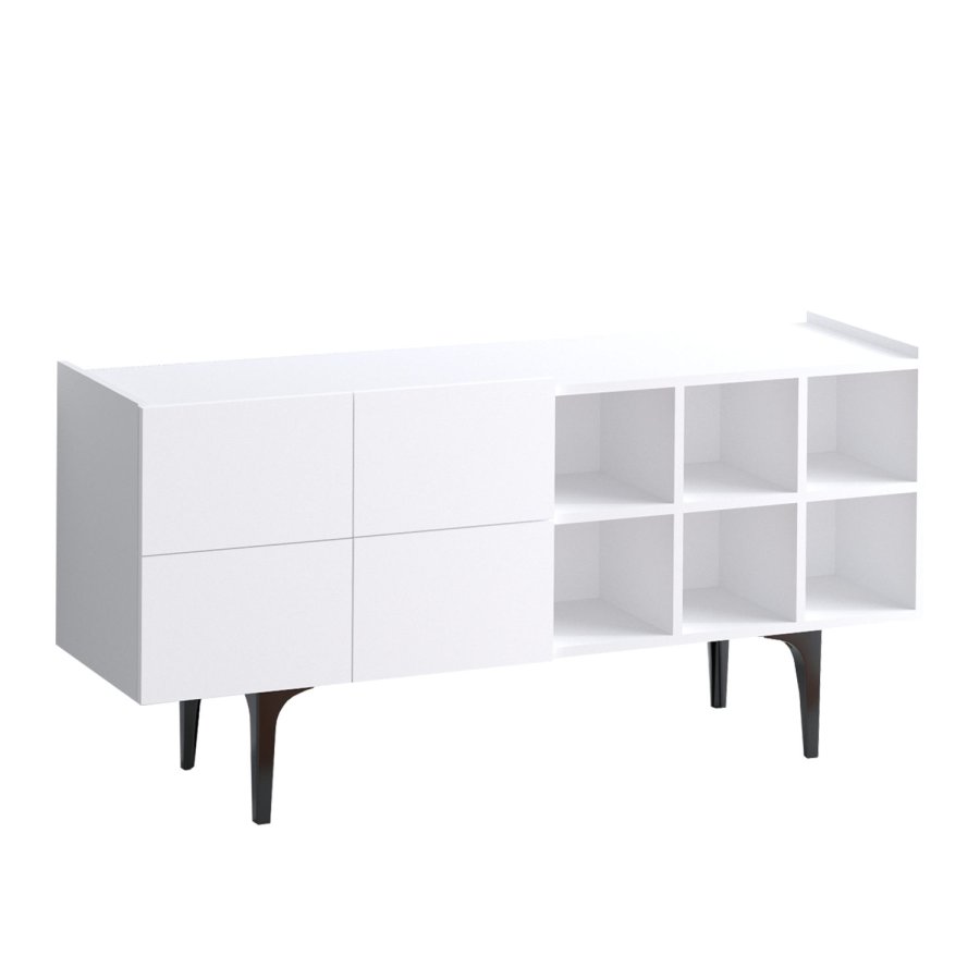 FUNZI LIVING Alpha Sideboard, m. 4 Türen, 1 Regal und 6 Fächer - weißes Melamin