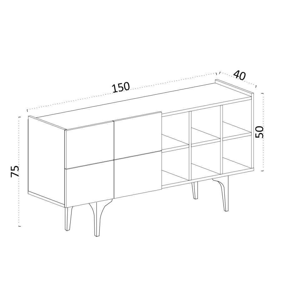 FUNZI LIVING Alpha Sideboard, m. 4 Türen, 1 Regal und 6 Fächer - weißes Melamin