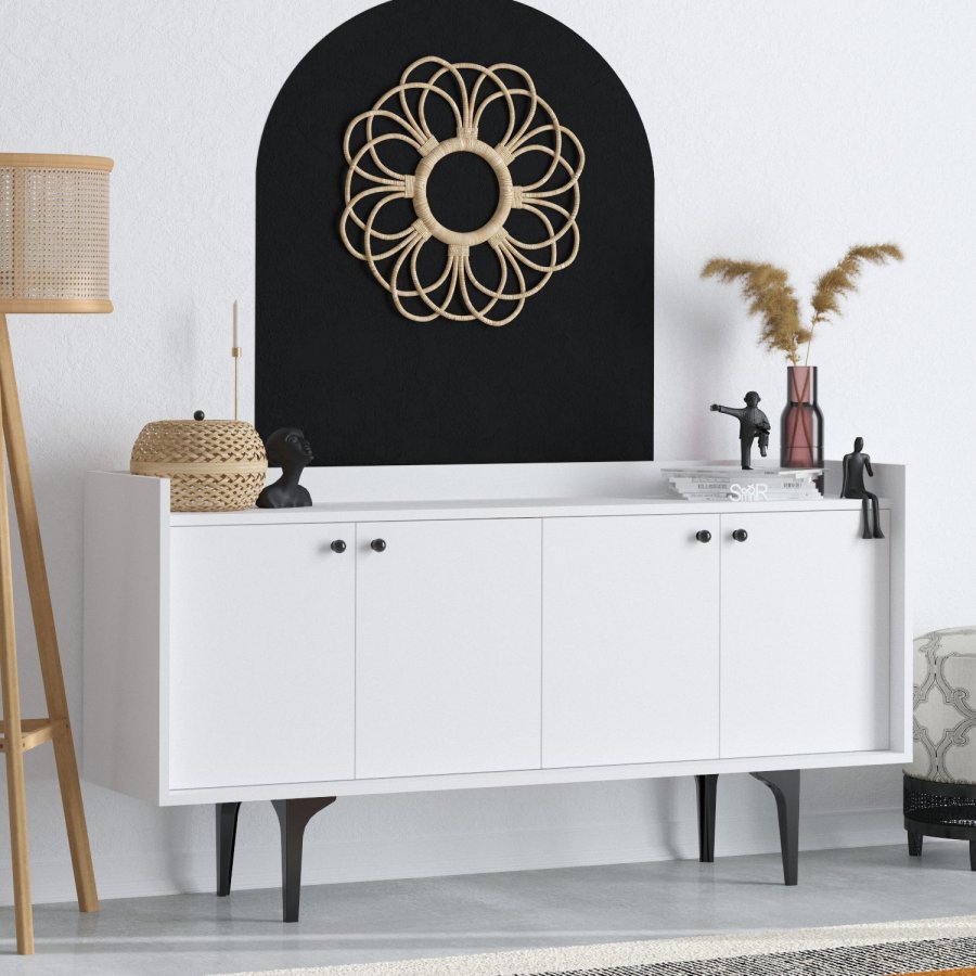 FUNZI LIVING Eris Sideboard, mit 4 Türen und 2 Regalen - weißes Melamin