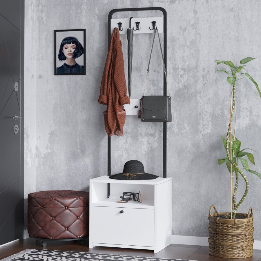 FUNZI LIVING Tina entresett, med 3 kroker, 1 dr og 1 hylle - hvit melamin