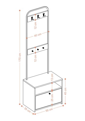 FUNZI LIVING Tina entresett, med 3 kroker, 1 dr og 1 hylle - hvit melamin