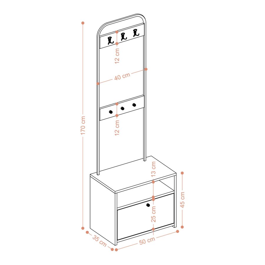 FUNZI LIVING Tina entresett, med 3 kroker, 1 dr og 1 hylle - hvit melamin