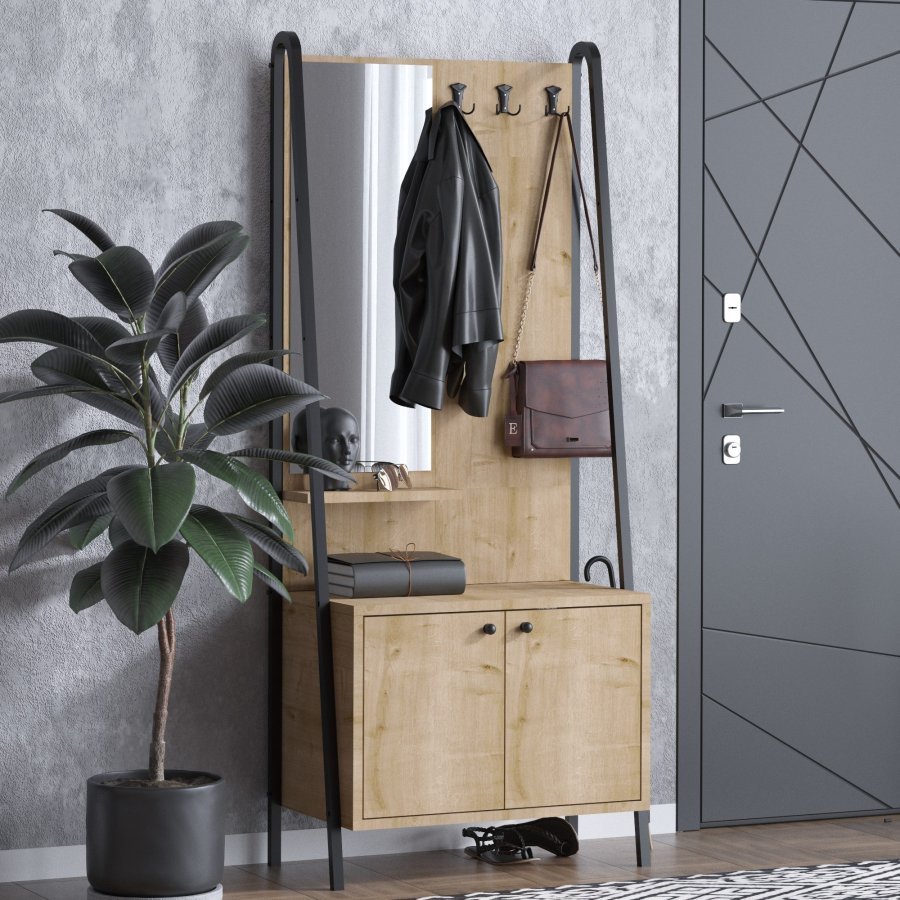 FUNZI LIVING Lumi entrsett, med speil, 3 kroker og 2 drer - naturlig melamin