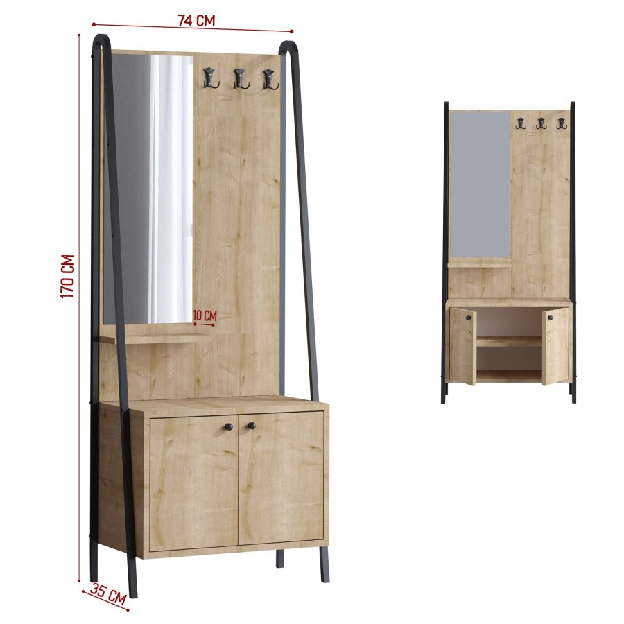 FUNZI LIVING Lumi entrsett, med speil, 3 kroker og 2 drer - naturlig melamin