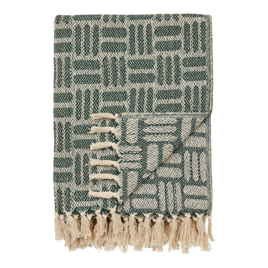 HOUSE NORDIC Adana-pl&auml;d, med fransar, rektangul&auml;r - gr&ouml;n �tervunnen bomull/polyester (180x130)