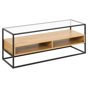 ACT NORDIC Randolf TV-bord, 1 hylla, 2 fack - klart glas, naturlig vild ek melamin, svart stl (120x40)
