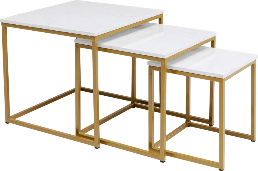 KARE DESIGN Key West innskuddsbord - hvit marmor og gullben, sett med 3 bord