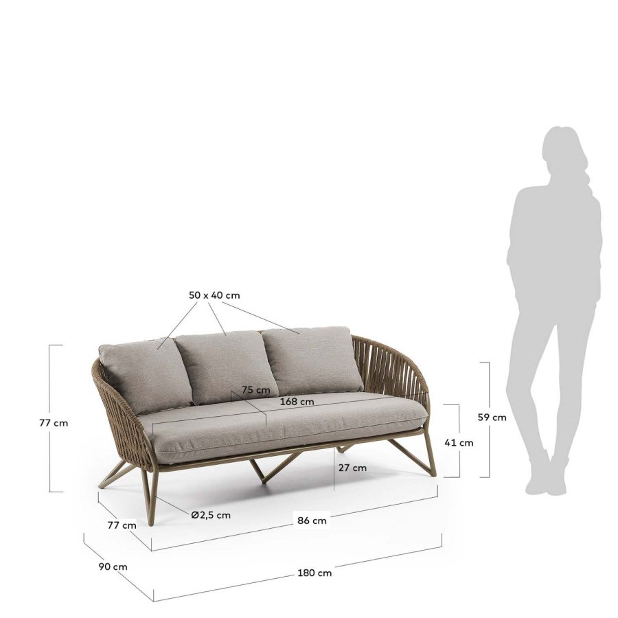 KAVE HOME Branzie sofa - brunt metall og tau, med grbrune puter, 3 pers.