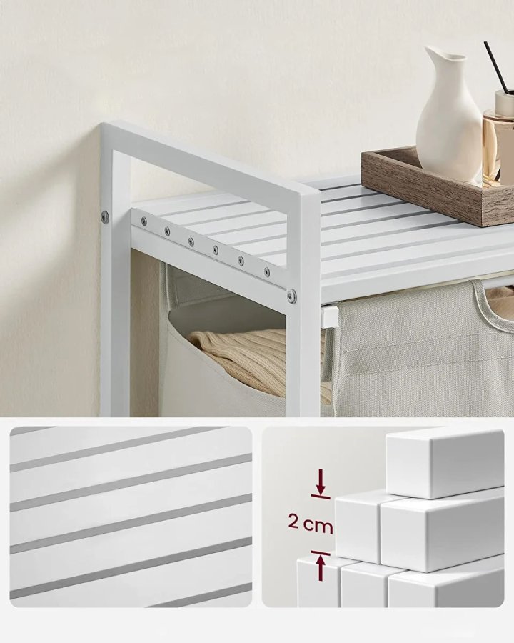 VASAGLE Wäschekorb, mit ausziehbarem und herausnehmbarem Wäschesack und 1 Ablage – Stoff und weißes MDF/Stahl