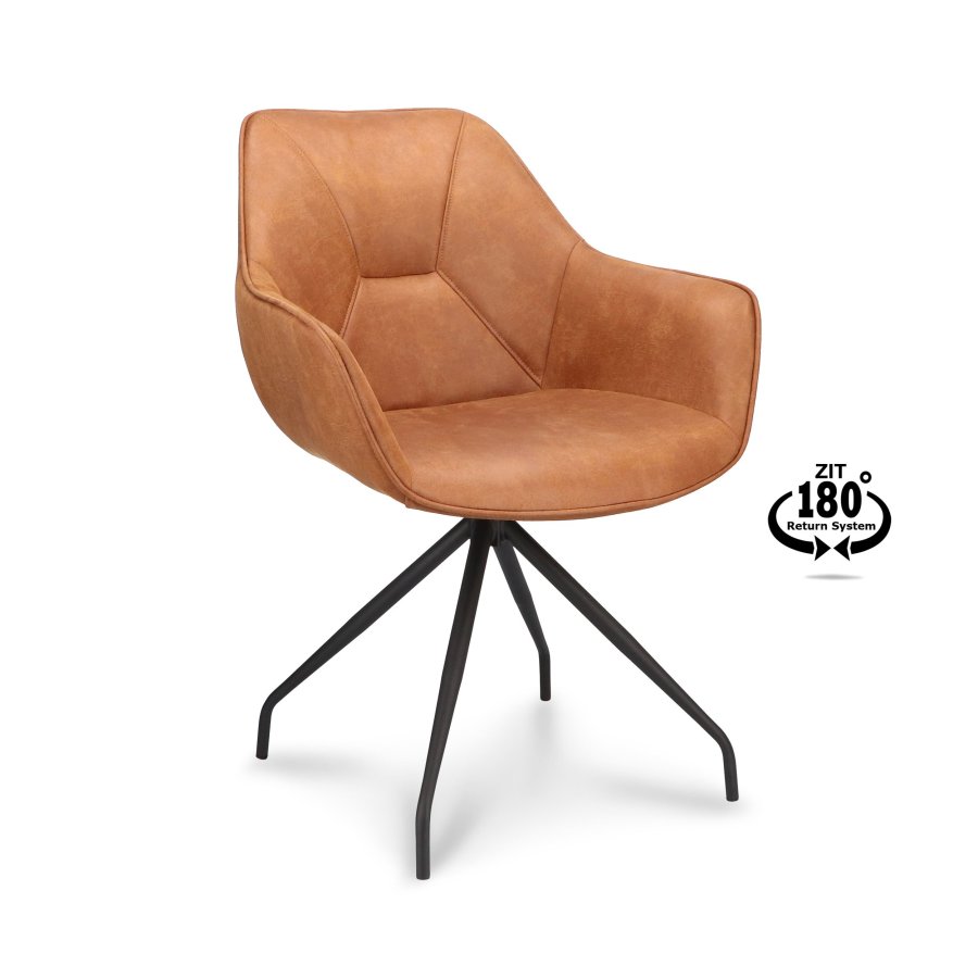 Anna spisebordstol, med armlener og svingbar - kamel kunstskinn og sort metall
