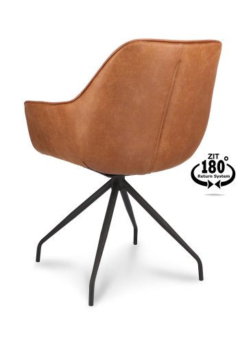 Anna spisebordstol, med armlener og svingbar - kamel kunstskinn og sort metall