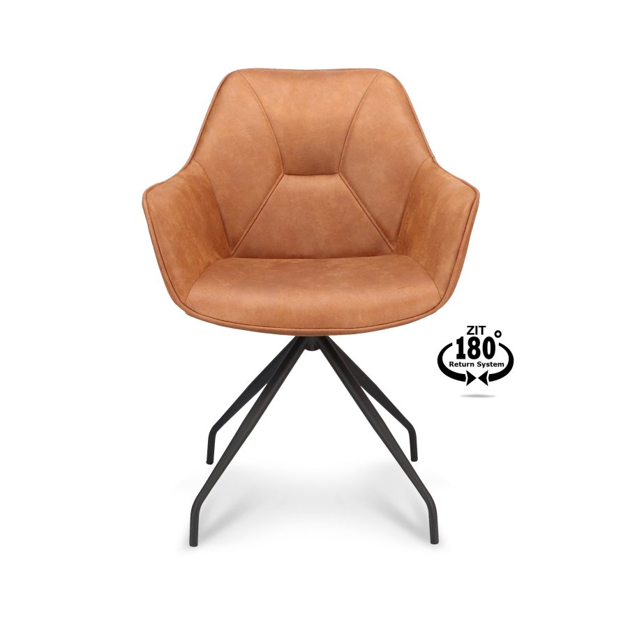 Anna spisebordstol, med armlener og svingbar - kamel kunstskinn og sort metall