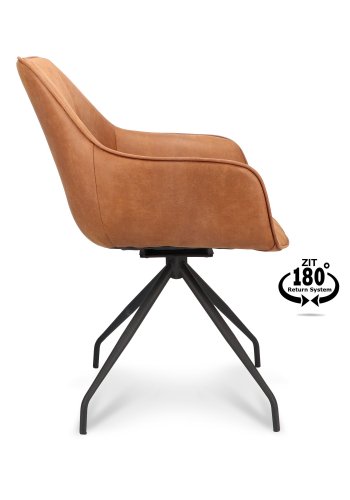 Anna spisebordstol, med armlener og svingbar - kamel kunstskinn og sort metall