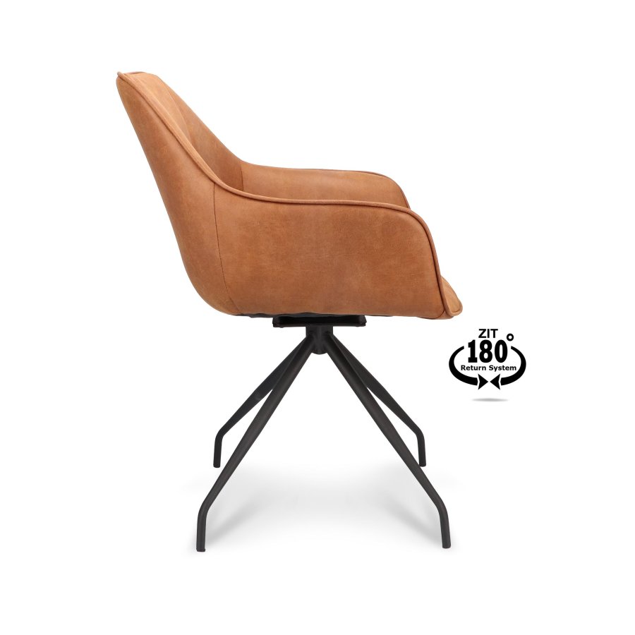 Anna spisebordstol, med armlener og svingbar - kamel kunstskinn og sort metall