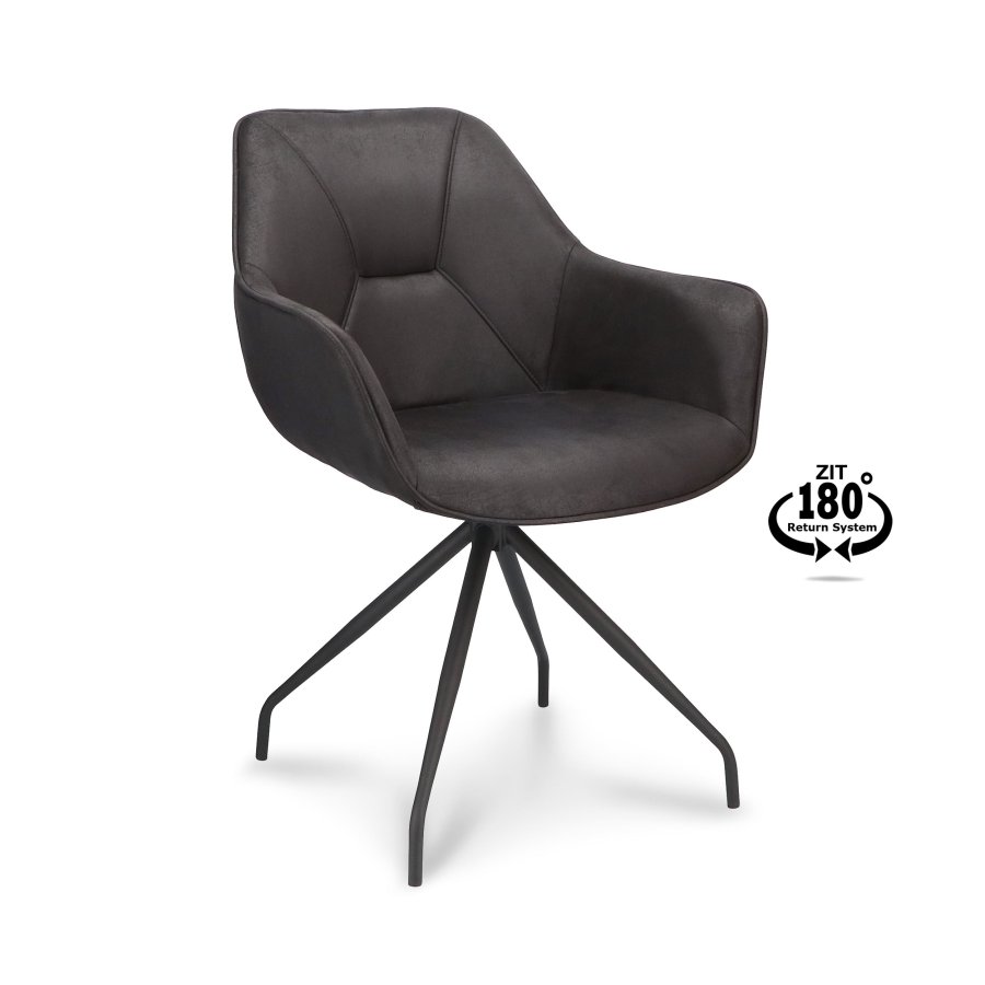 Anna spisebordstol, med armlener og svingbar - onyx sort kunstskinn og sort metall