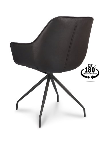 Anna spisebordstol, med armlener og svingbar - onyx sort kunstskinn og sort metall