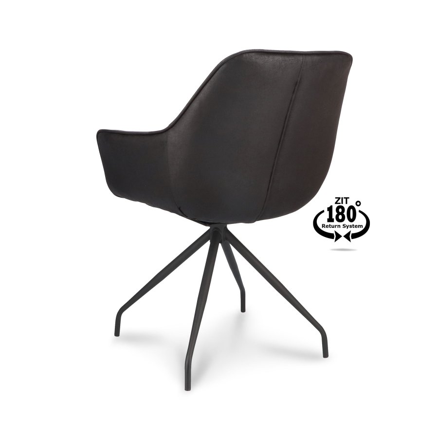 Anna spisebordstol, med armlener og svingbar - onyx sort kunstskinn og sort metall