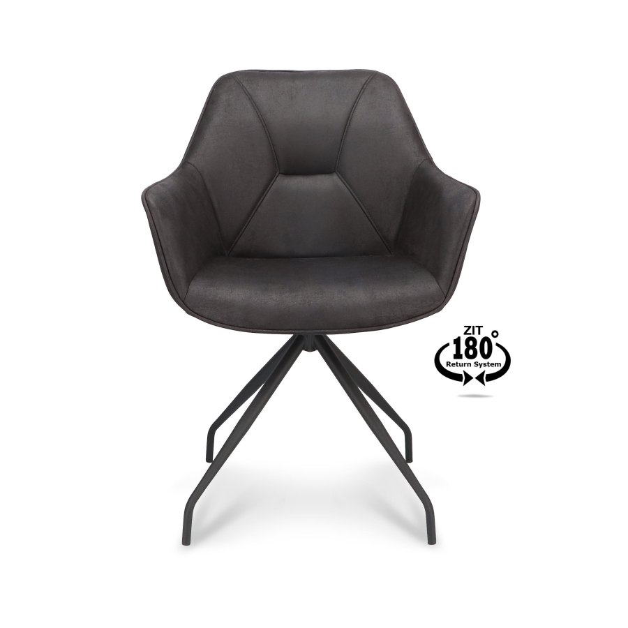 Anna spisebordstol, med armlener og svingbar - onyx sort kunstskinn og sort metall