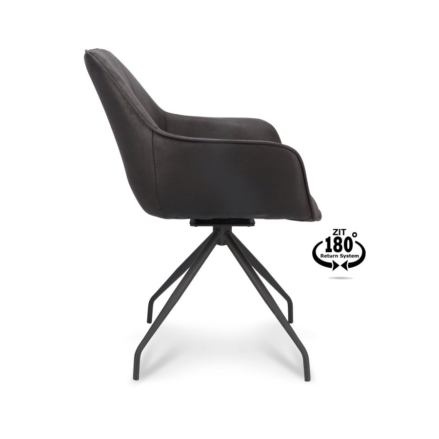 Anna spisebordstol, med armlener og svingbar - onyx sort kunstskinn og sort metall