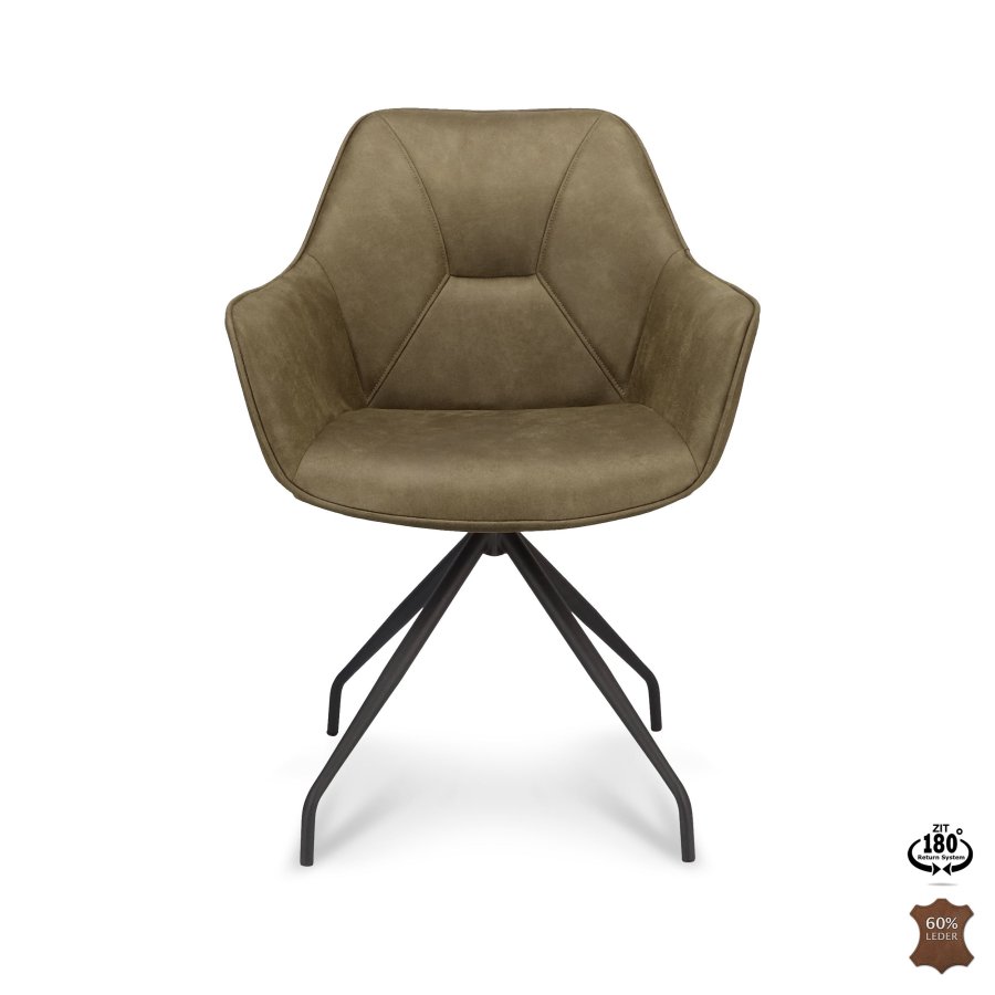 Anna spisebordstol, med armlener og svivel - vinter mosegrnt kunstskinn og sort metall