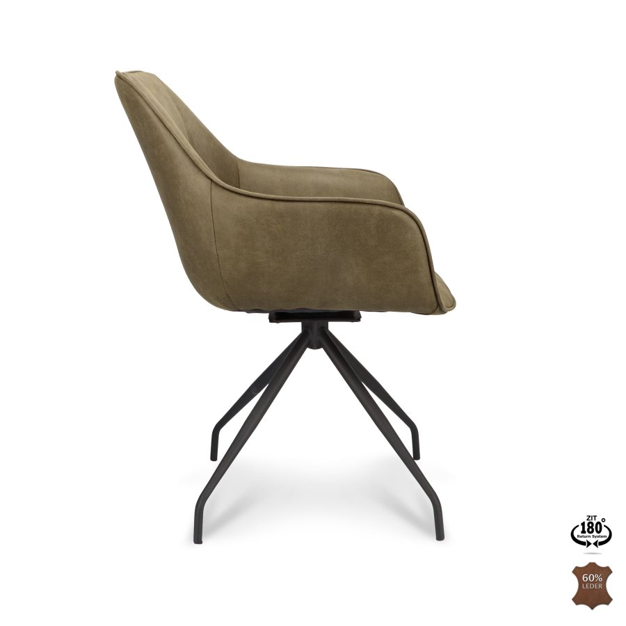 Anna spisebordstol, med armlener og svivel - vinter mosegrnt kunstskinn og sort metall