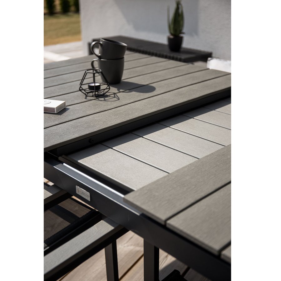 VENTURE DESIGN havest, m. Levels bord, m. udtrk og 4 Anna stole - gr aintwood/sort alu/rattan