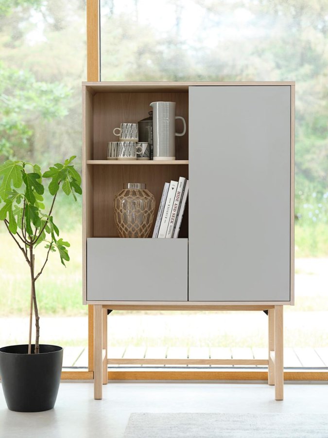 UNIQUE FURNITURE Bilbao skab, m. 1 l�ge og 1 skuffe - gr� HPL og hvidpigmenteret egefin&eacute;r (H:150)