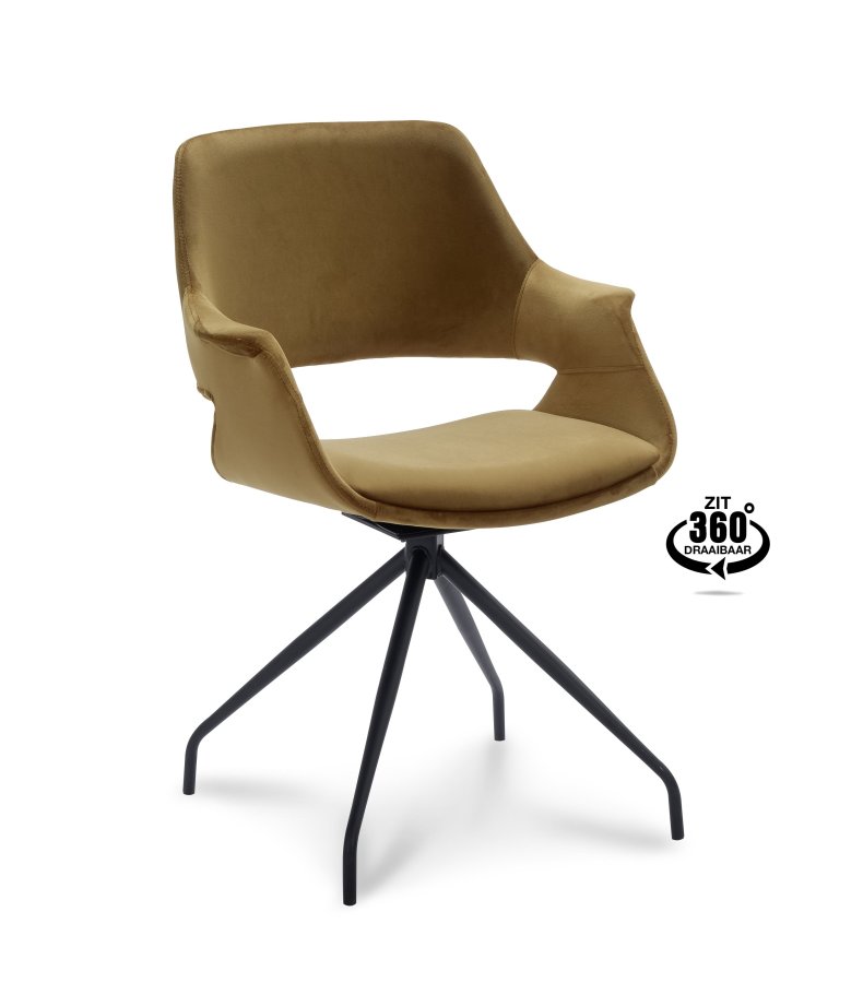 Malou spisebordsstol, med armlener og svingfunksjon - gull polyester flyel og sort metall