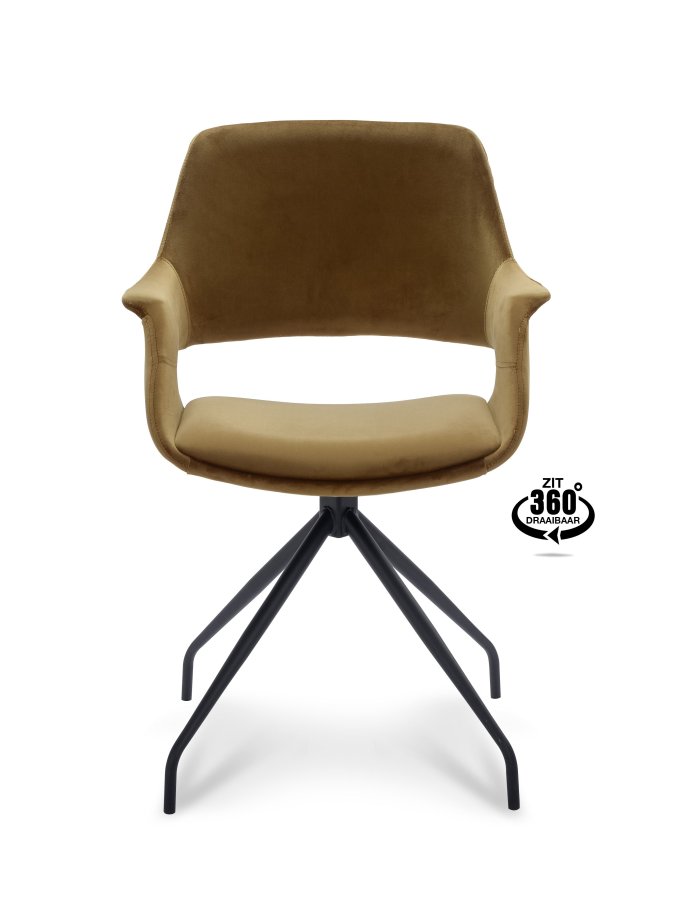 Malou spisebordsstol, med armlener og svingfunksjon - gull polyester flyel og sort metall