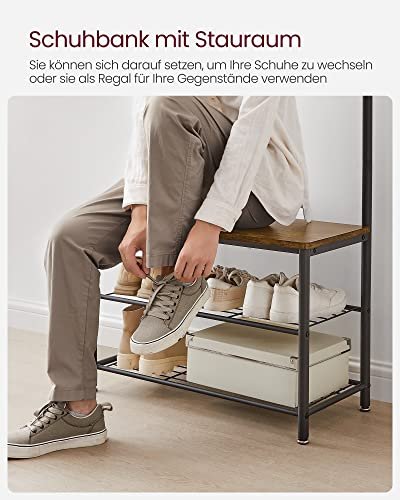 VASAGLE inngangsarrangement, m. 9 kroker, 3 hyller - brun sponplate og sort stl