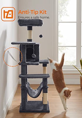 FEANDREA skrapetre, m. 5 niver, topplater, hi og hengekye - rykgr plysj, sisal og sponplater