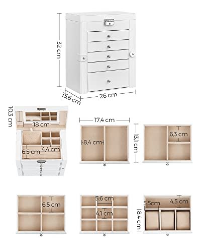 SONGMICS smykkeskrin, m. 6 lag, 5 skuffer, speil - hvit MDF