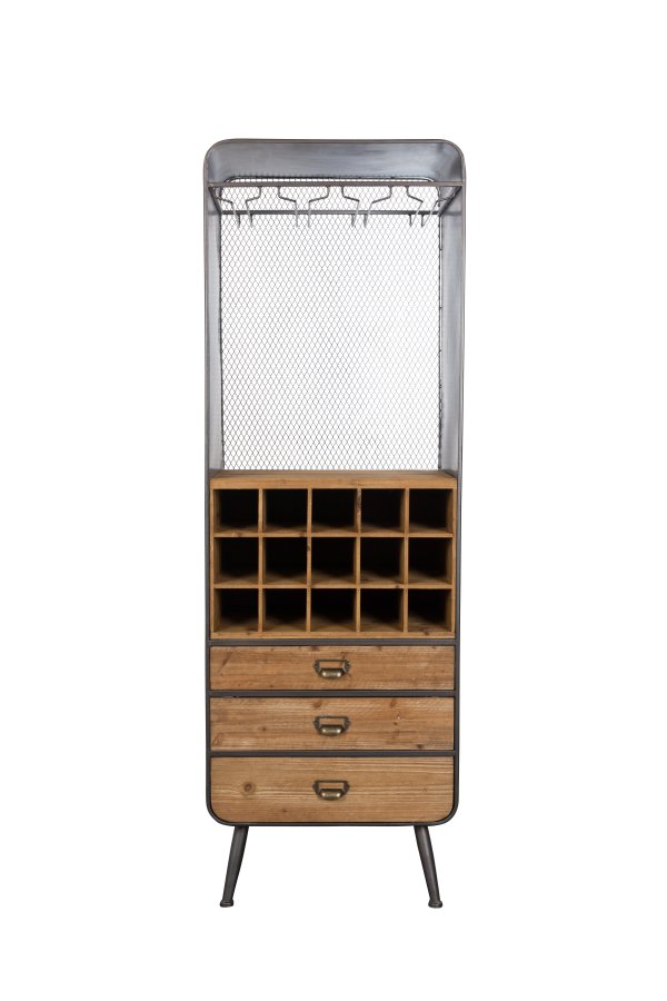 DUTCHBONE Vino vinskap, plass til 15 flasker, med glassholdere og 3 skuffer - naturlig MDF