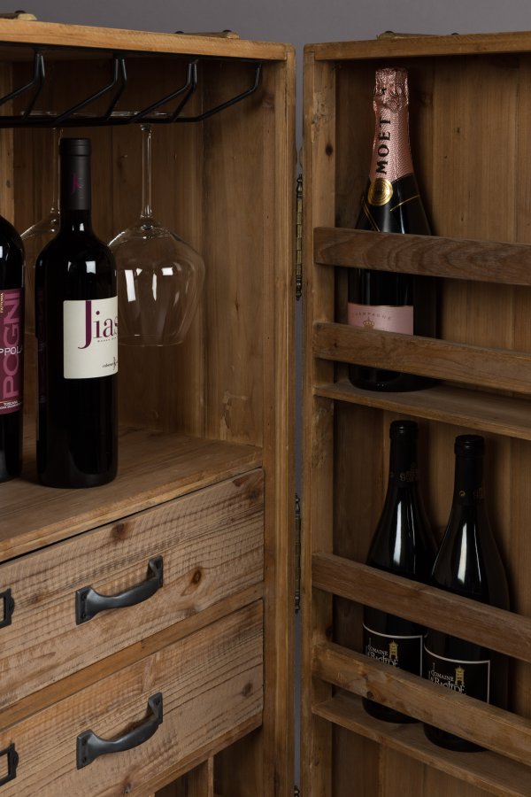 DUTCHBONE Lico Weinschrank, m. 1 Tür, 2 Schubladen, Rädern und Platz für Gläser und Flaschen – braunes Holz und Eisen