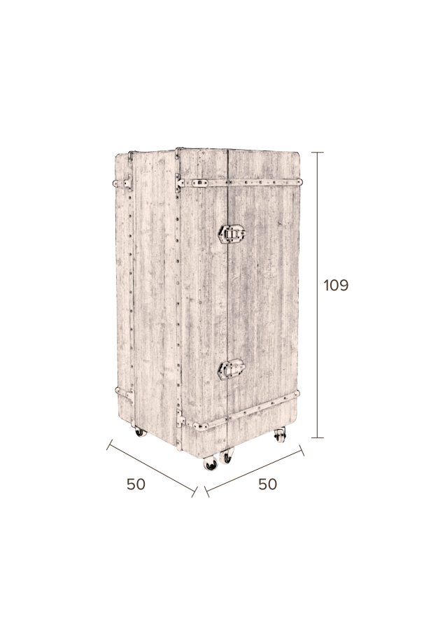 DUTCHBONE Lico Weinschrank, m. 1 Tür, 2 Schubladen, Rädern und Platz für Gläser und Flaschen – braunes Holz und Eisen